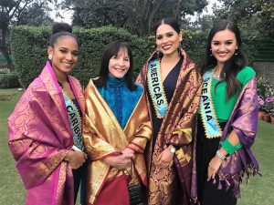 CEO of Miss World, Julia Morley (second left) poses with Solange Sinclair (Caribbean), Andrea Meza (Americas) and Annie Evans (Oceania).