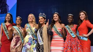 Miss World 2017 Manushi Chhillar (centre) and the Continental Queens of Beauty: (l-r) Andrea Meza (Americas), Solange Sinclair (Caribbean), Stephanie Hill (Europe), Annie Evans (Oceania), Magline Jeruto (Africa) and Haeun Kim (Asia) attend the launch of a feminine hygiene awareness programme at the New Delhi Municipal Council School in India.