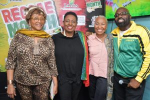 Minister of Culture Gender Entertainment and Sport, Hon. Olivia Grange (Second left) shares lens and smiles with Reggae gem, Marcia Griffiths (left), Executive Member, Jamaica Federation of Musicians & Affiliates Union, Dr. Myrna Hague (second right) and Reggae recording artist Richie Stephens at the Reggae Month 2019 Launch at the Ribbiz Ocean Lounge, Victoria Pier, Kingston.